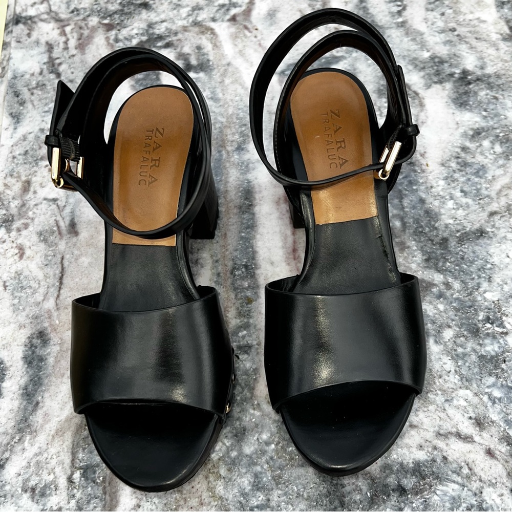 ZARA Anklestrap Wooden Clogs Black LEATHER SANDALS with Studs Size 38 - Picture 6 of 11